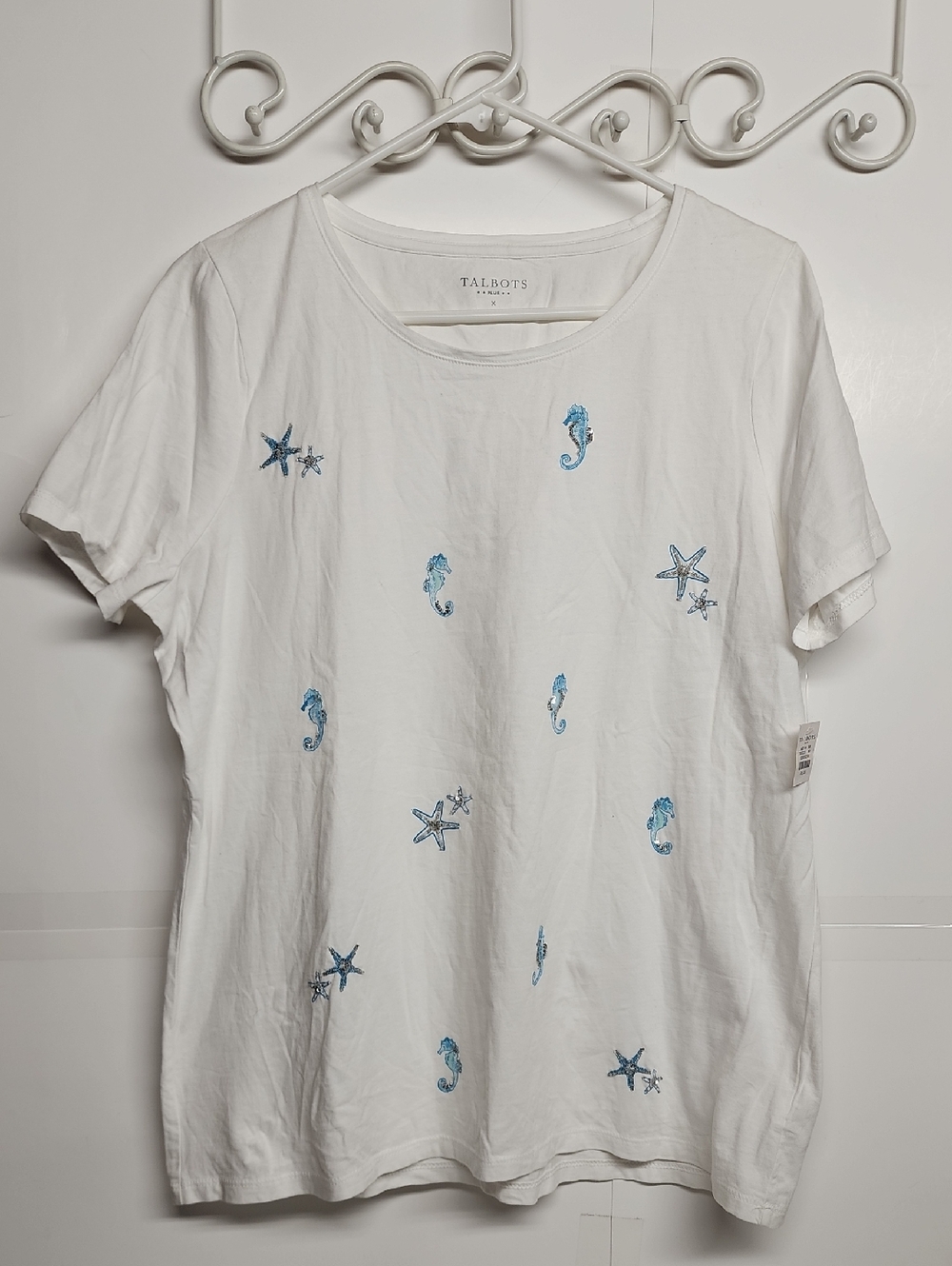 Talbots White Tee with Blue Seahorse & Starfish Motif Plus  Sz X Minimalist Cute